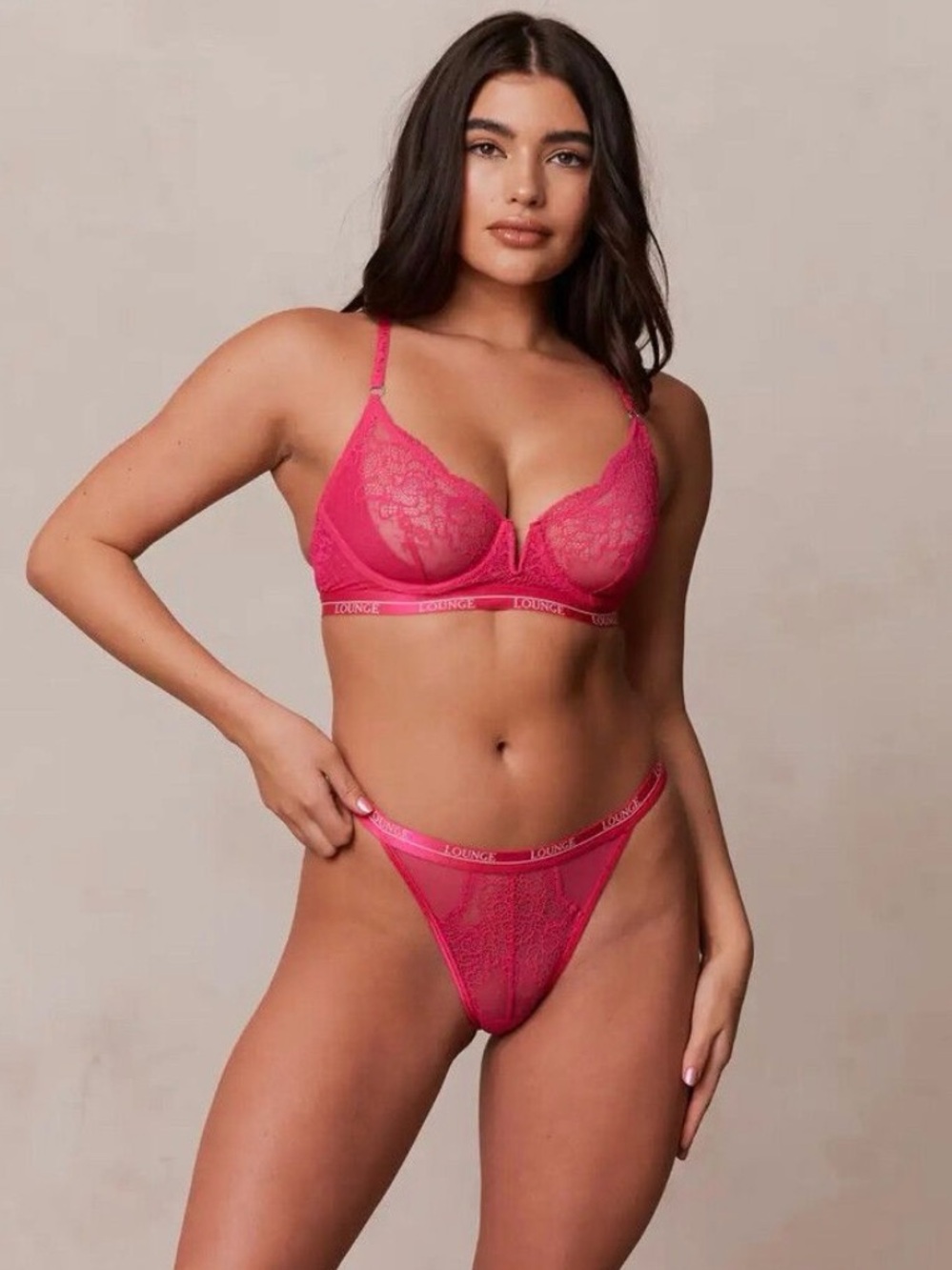 Royal Balcony Bra & Thong Set - Hot Pink